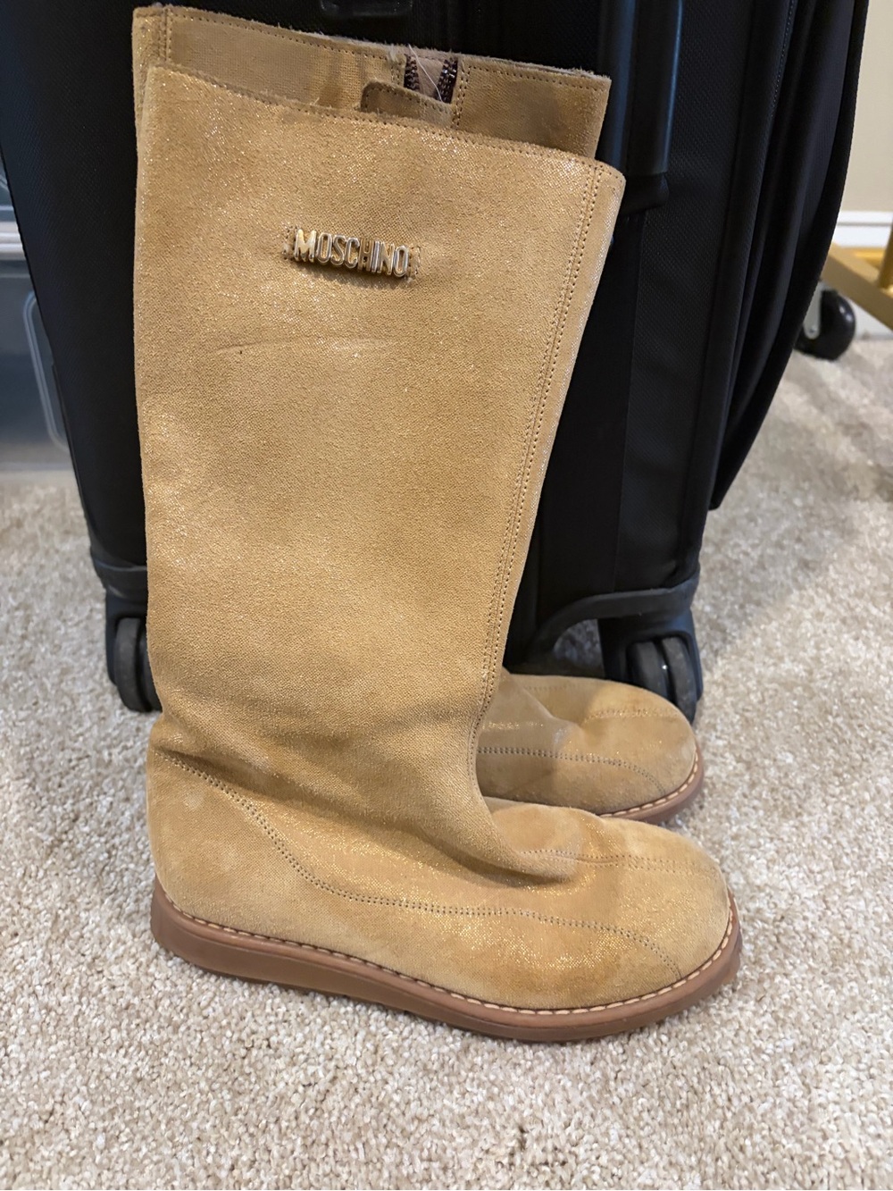 Moschino Tan Suede Mid-Calf Boots with Gold Logo